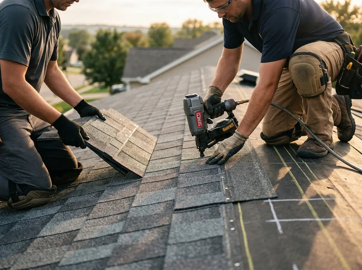 Professional roofer working on a residential roof in Oregon